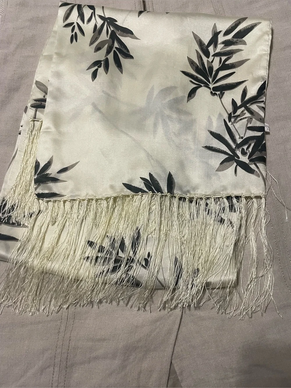 Vintage 100% Silk Bamboo Leaf Print Fringe Scarf Ivory Black Double Layered